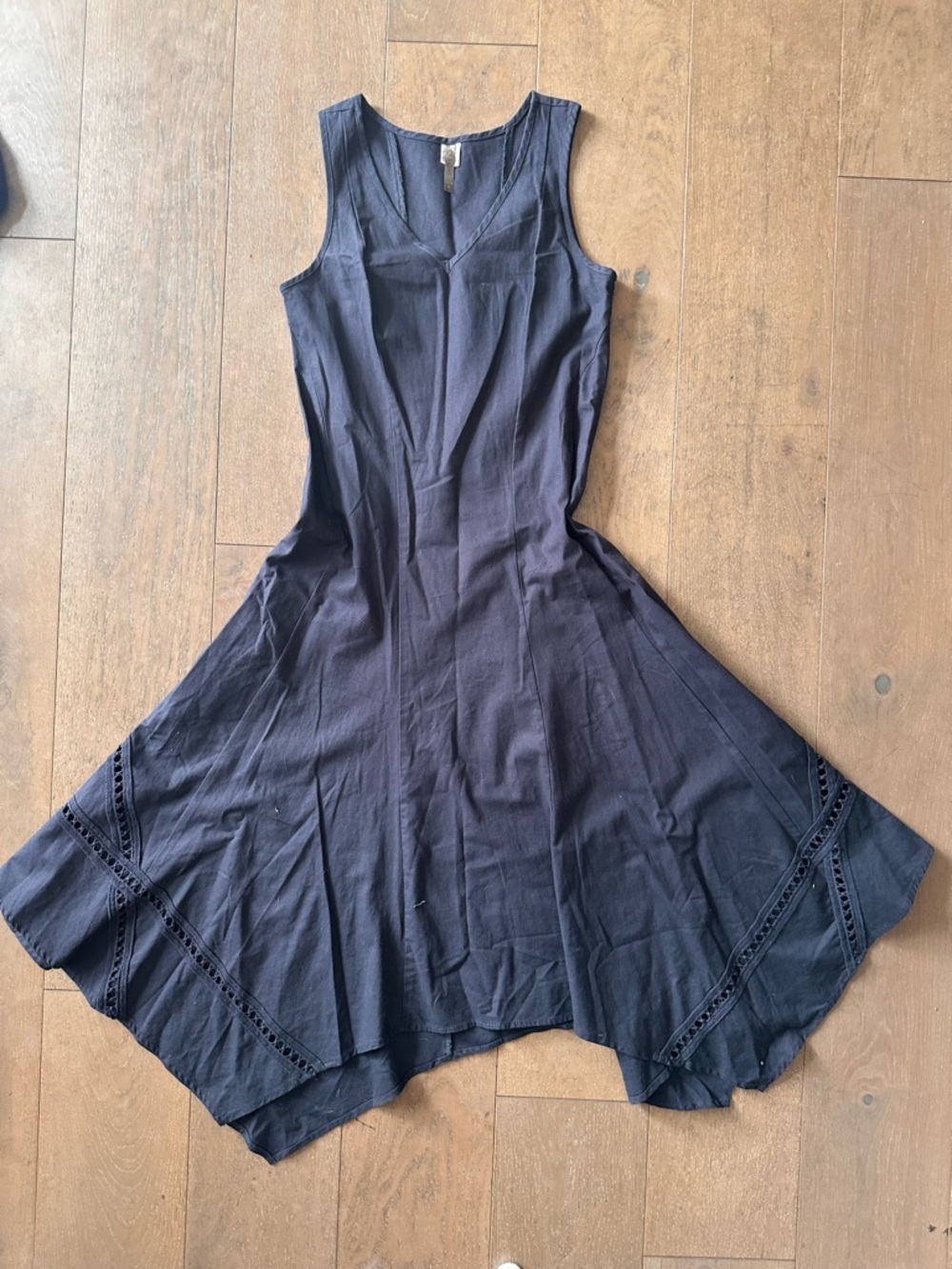 XOXI Navy Blue Linen Blend Sleeveless A-Line Midi Dress Ladder Trim Hem